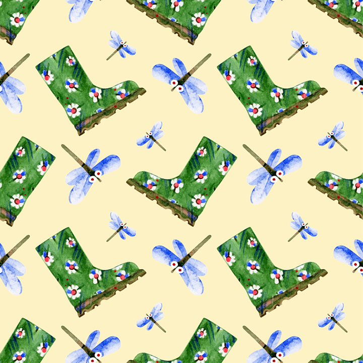 Dragonfly of Cartoon Green Rain Boots and Blue Dragonflies seamless PBR texture preview