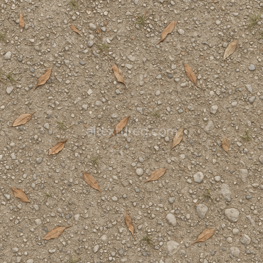 Seamless 3d texture pbr 8k gravel compacted with pebble embedded and dry leaves scattered