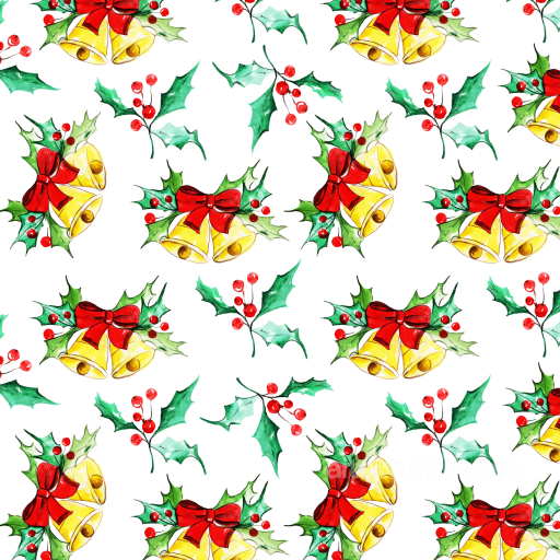Watercolor Christmas Texture with Bells, Holly Leaves, and Red Berries seamless Watercolor Christmas PBR texture