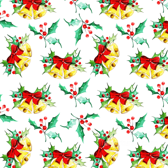 Watercolor Christmas Texture with Bells, Holly Leaves, and Red Berries Watercolor Christmas texture preview