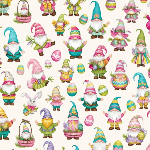 Seamless 3D PBR Texture of Colorful Easter Gnomes and Eggs Digital Paper