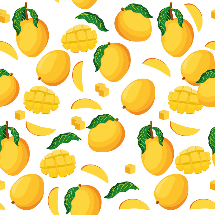 Pattern Featuring Tropical Mango Fruits with Leaves seamless PBR texture preview