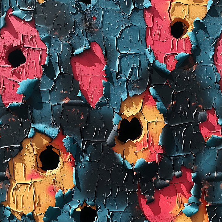Of Cracked Peeling Paint With Colorful Holes And Layered Surfaces seamless PBR texture preview