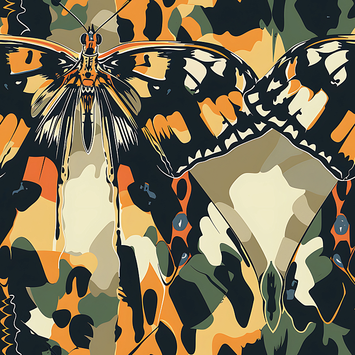 Stylized Butterfly-Inspired Camouflage with Earthy Tones seamless PBR texture preview