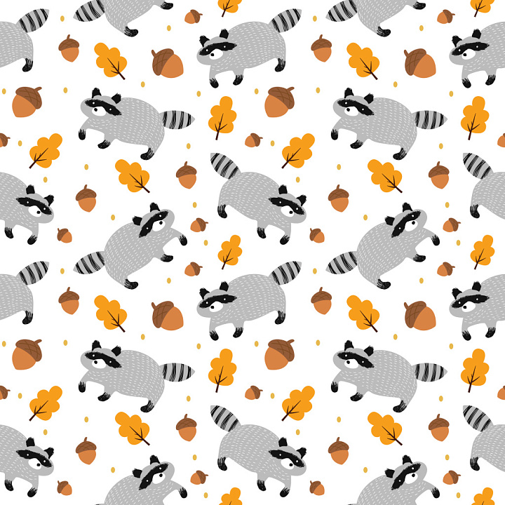 Pattern with Playful Raccoon Motifs and Autumn Leaves seamless PBR texture preview