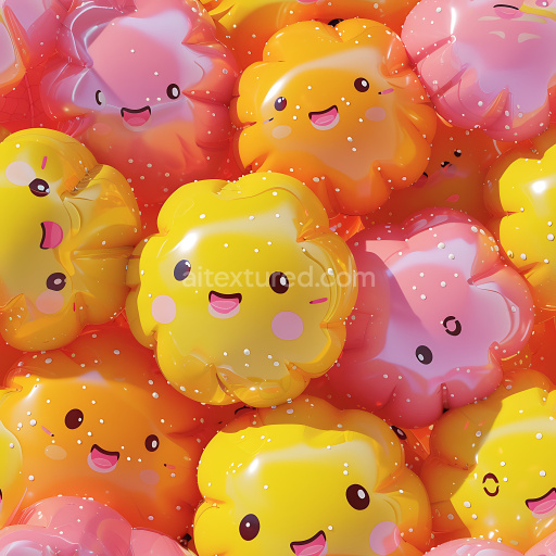 Seamless 3D Inflated Vinyl Puffy Cartoon Texture with Glossy Yellow and Orange Smiling Faces