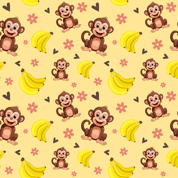 Pattern with Cute Cartoon Monkeys and Bananas on Soft Yellow Background seamless PBR texture preview