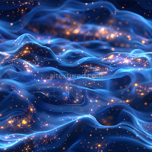 Seamless 3D PBR Texture Featuring Glossy Blue Waves with Golden Sparkle Particles