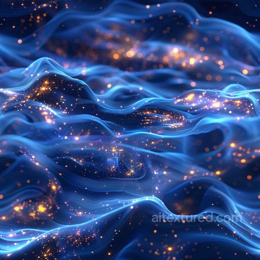 Seamless 3D PBR Texture Featuring Glossy Blue Waves with Golden Sparkle Particles texture preview