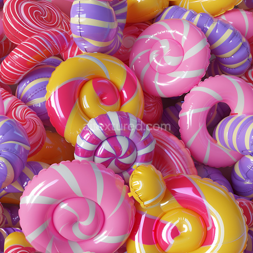 Seamless 3D Inflated Candy Swirl Vinyl PBR Texture in Bright Pink, Purple & Yellow