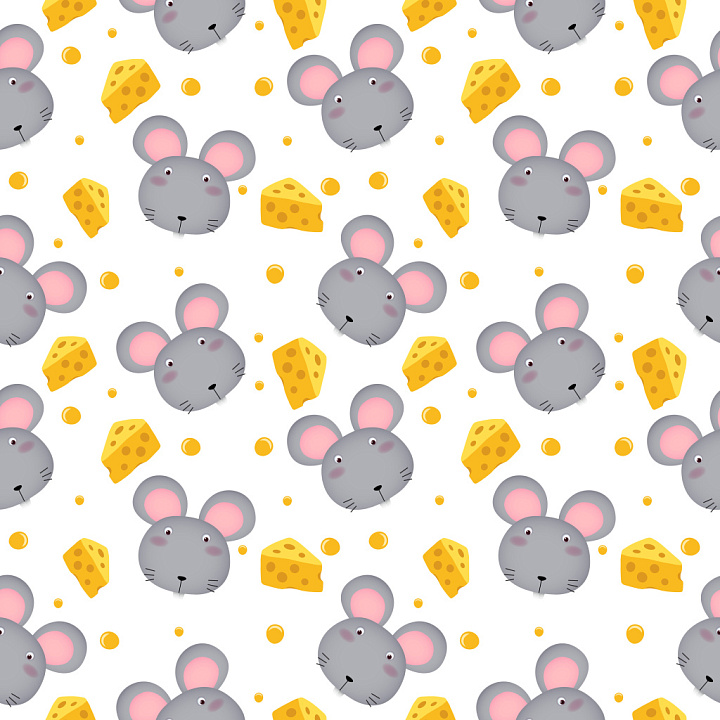 Pattern Featuring Cute Gray Mouse Heads and Yellow Cheese Wedges seamless PBR texture preview