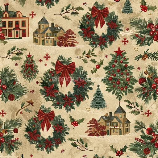 Seamless 3D PBR Texture Featuring Traditional Christmas Wreaths and Festive Houses