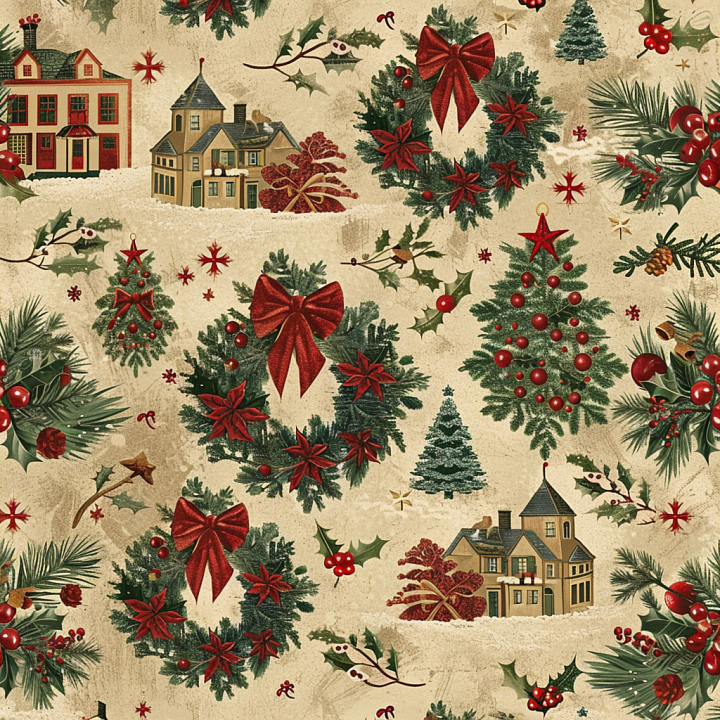 Christmas Digital Paper Featuring Holiday Wreaths and Houses seamless PBR texture preview