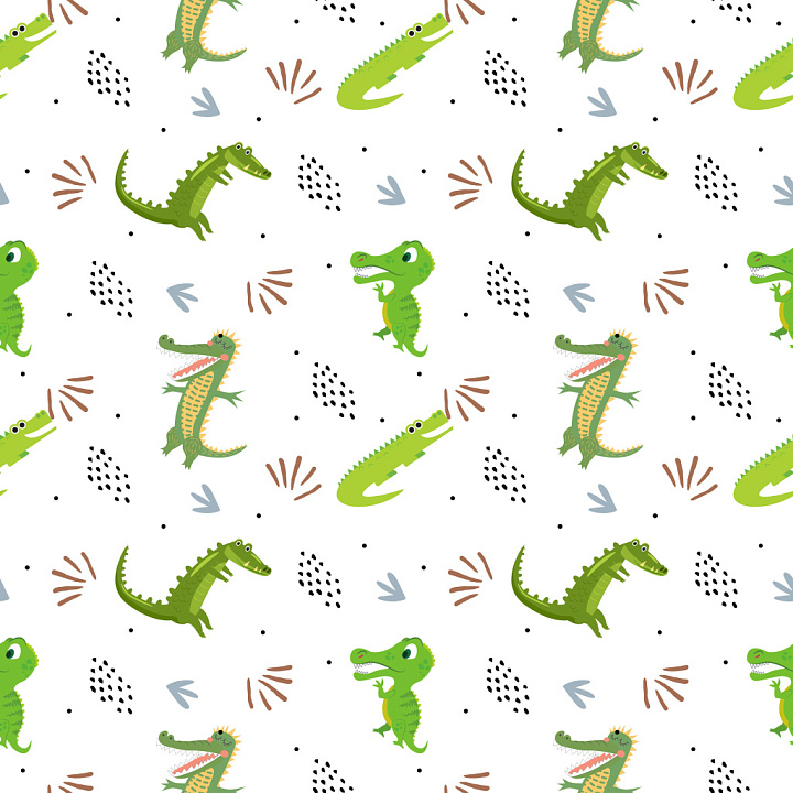 Pattern Featuring Playful Cartoon Crocodile Motifs on White seamless PBR texture preview