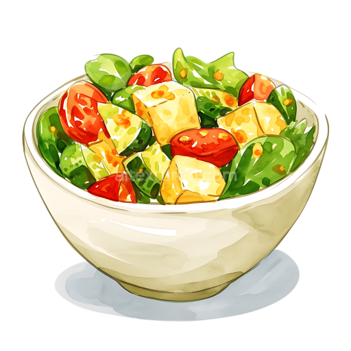 Breakfast Bowl with Tofu Scramble and Fresh Vegetables Watercolor Illustration