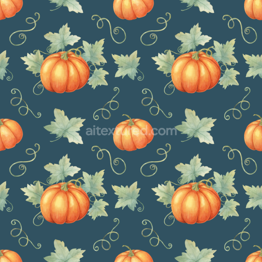 Seamless 3D PBR Thanksgiving Texture Featuring Orange Pumpkins and Green Leaves on Deep Teal Fabric Background