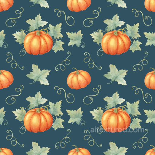 Thanksgiving Texture Featuring Orange Pumpkins and Green Leaves on Deep Teal Fabric Backg… seamless Thanksgiving PBR texture