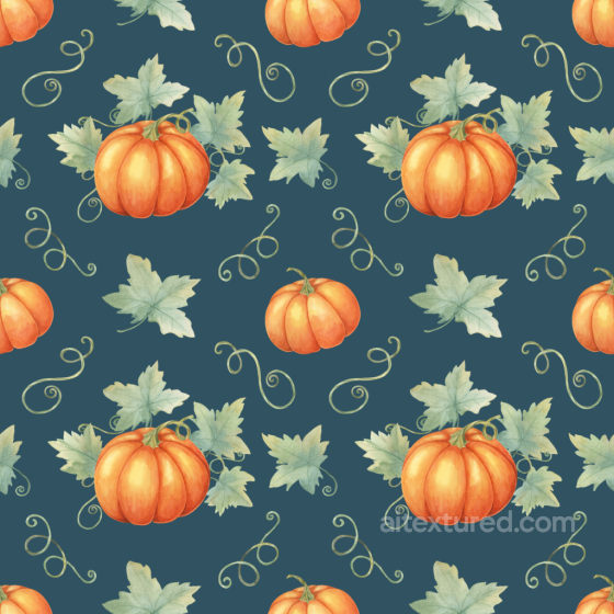 Thanksgiving Texture Featuring Orange Pumpkins and Green Leaves on Deep Teal Fabric Backg… Thanksgiving texture preview