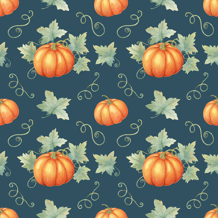 Thanksgiving Featuring Orange Pumpkins and Green Leaves on Deep Teal Fa… seamless PBR texture preview