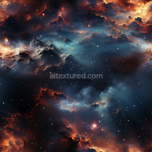 Seamless 3D Space PBR Texture Featuring Fiery Cosmic Nebula with Glowing Stars