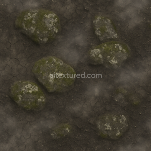 Seamless 3d texture pbr 8k foggy ground with dry cracked earth and mossy stone