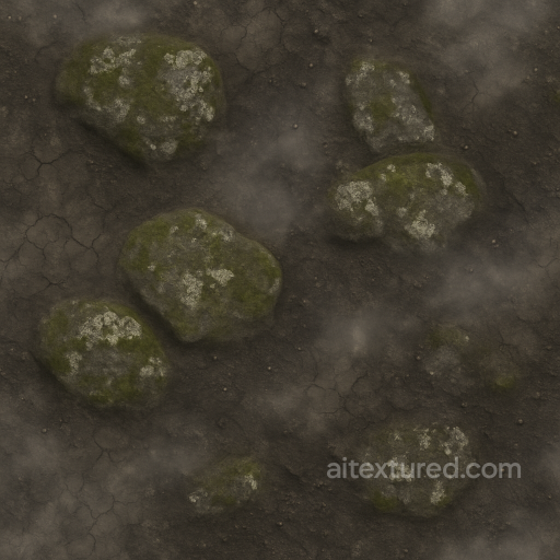 Foggy Ground With Dry Cracked Earth And Mossy Stone seamless Halloween PBR texture