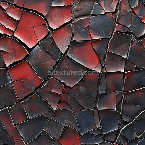 Seamless 3D PBR Cracked Lacquer Paint Texture with Red-Black Fractured Pattern