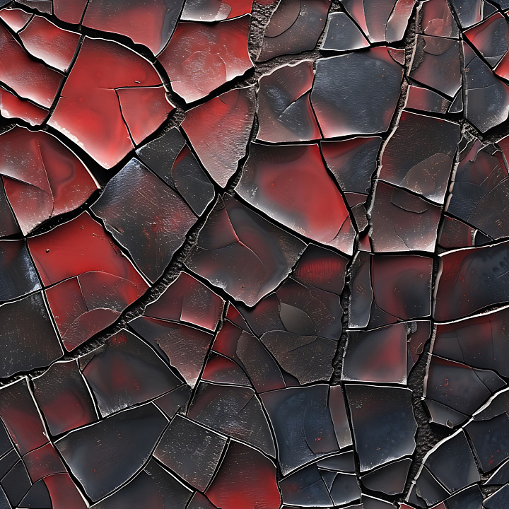 Cracked Lacquer Paint with Red-Black Fractured Pattern seamless PBR texture preview