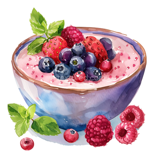 Breakfast Amaranth Porridge Bowl with Fresh Berries and Mint Illustration