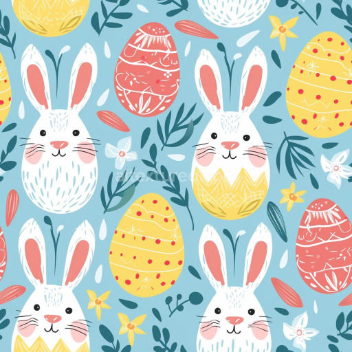 Seamless 3D PBR Texture with Playful Easter Bunnies and Decorative Eggs