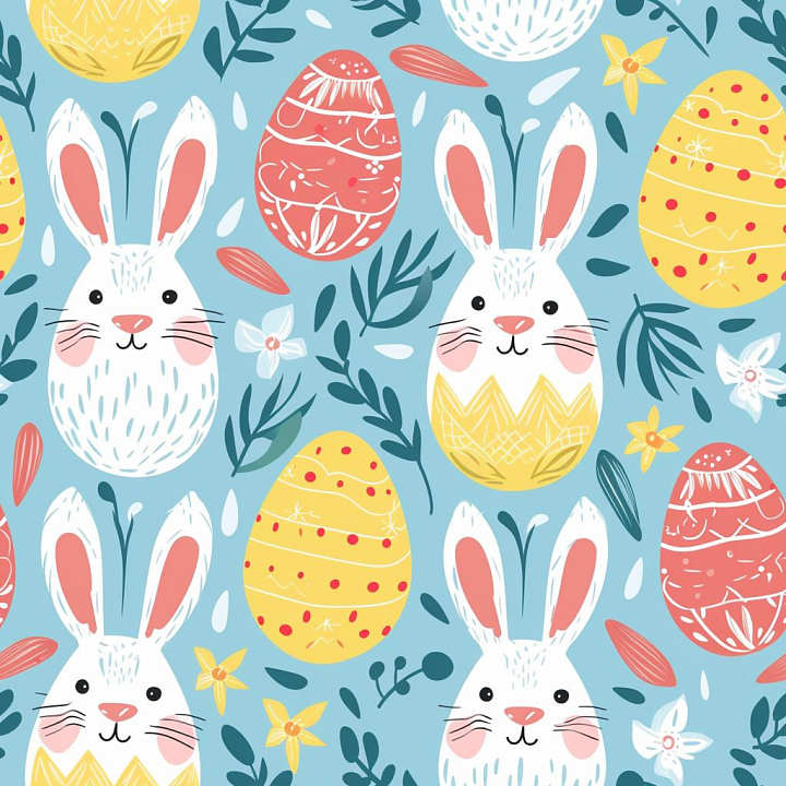 with Playful Easter Bunnies and Decorative Eggs seamless PBR texture preview