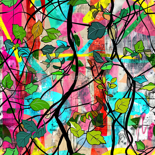 Seamless 3D PBR Graffiti Texture Featuring Colorful Abstract Background and Stylized Vine Leaves