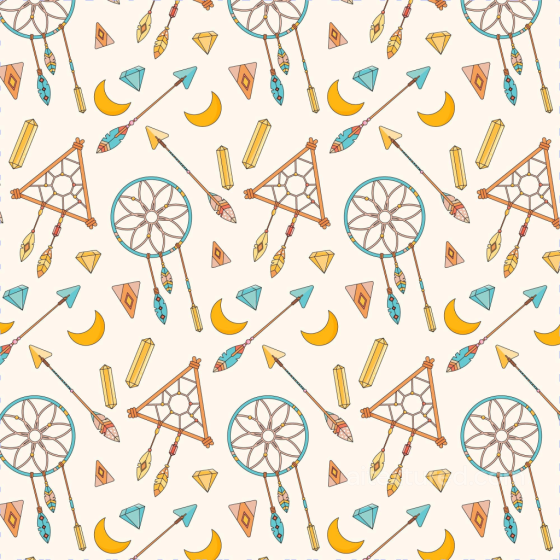 Boho Fabric Texture Featuring Colorful Dreamcatchers & Tribal Arrows Boho Seamless texture preview