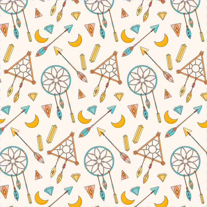 Boho Fabric Featuring Colorful Dreamcatchers & Tribal Arrows seamless PBR texture preview