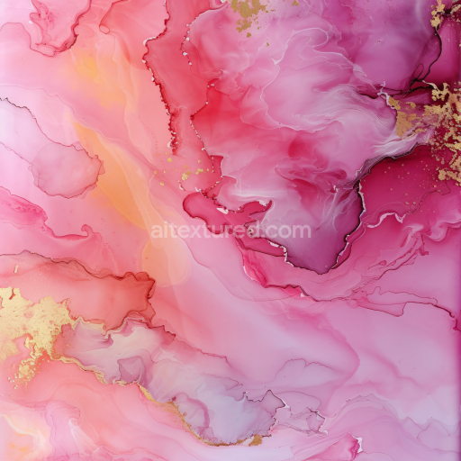 Seamless 3D Alcohol Ink PBR Texture Featuring Flowing Pink and Gold Swirls