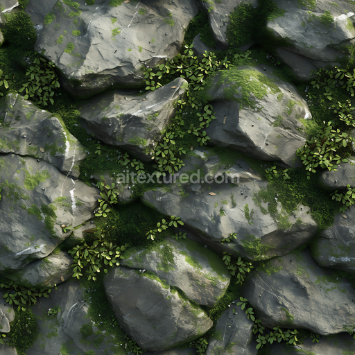 Seamless 3D Mossy Stone Rock Ground PBR Texture with Detailed Green Vegetation