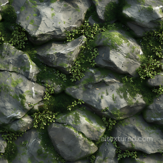Mossy Stone Rock Ground PBR Texture with Detailed Green Vegetation Stone texture preview