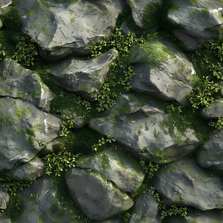 Mossy Stone Rock Ground with Detailed Green Vegetation seamless PBR texture preview