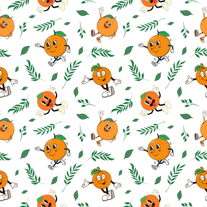 Pattern of Playful Cartoon Orange Characters with Green Leaves seamless PBR texture preview