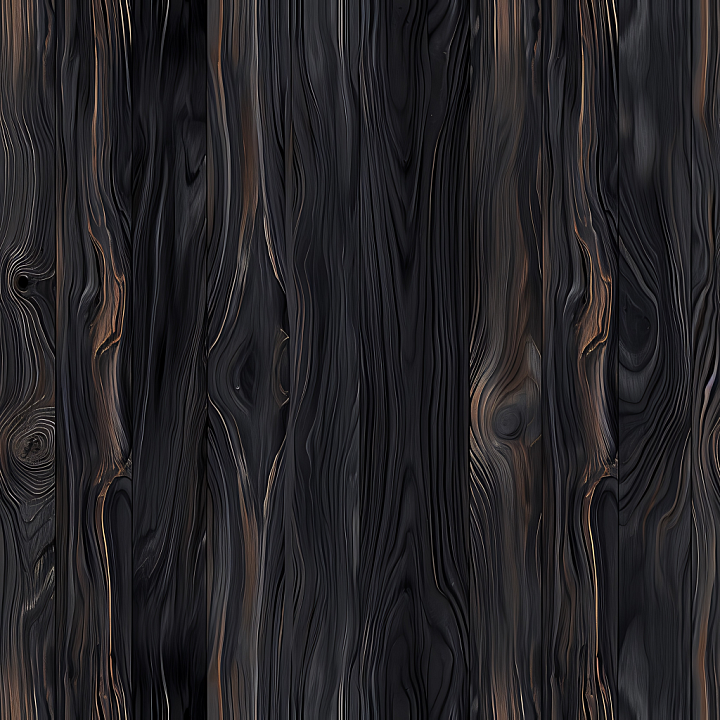 Charred Black Wood Planks with Deep Grain and Knots seamless PBR texture preview