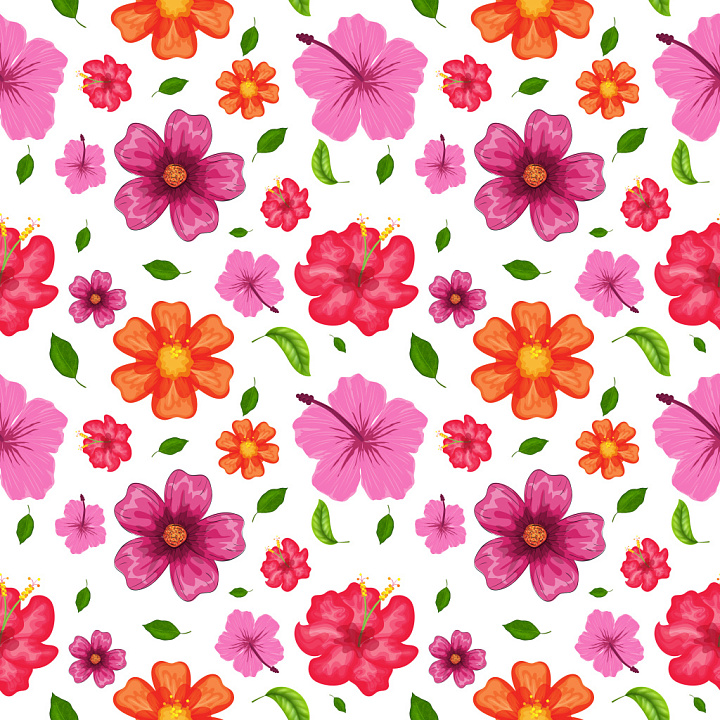 Floral Pattern Featuring Colorful Tropical Flowers and Green Leaves seamless PBR texture preview