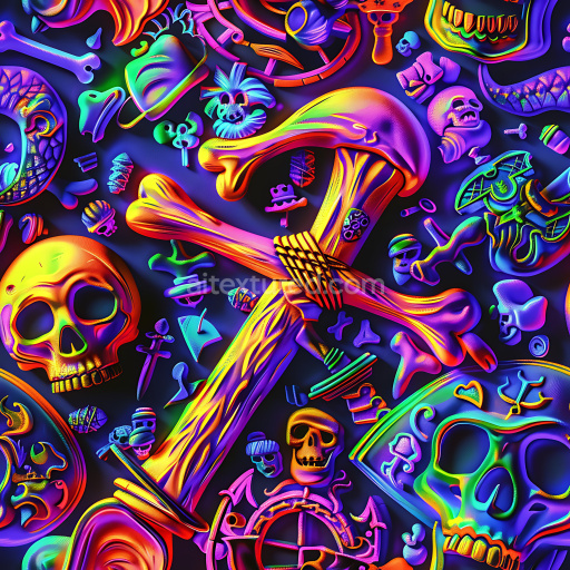 Seamless 3D PBR Graffiti Texture Featuring Neon Multi-Color Skulls and Bones