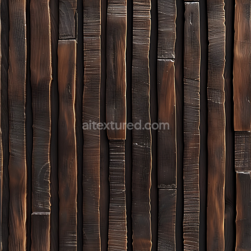 Seamless 3D Dark Burnt Wood Planks PBR Texture with Distinct Saw Marks and Weathered Grain
