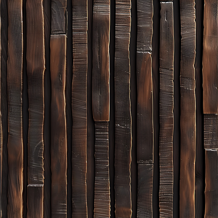 Dark Burnt Wood Planks with Distinct Saw Marks and Weathered Grain seamless PBR texture preview