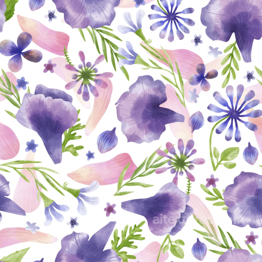 Purple Flower Watercolor Pattern Seamless Texture with Leaves seamless Purple Flower PBR texture