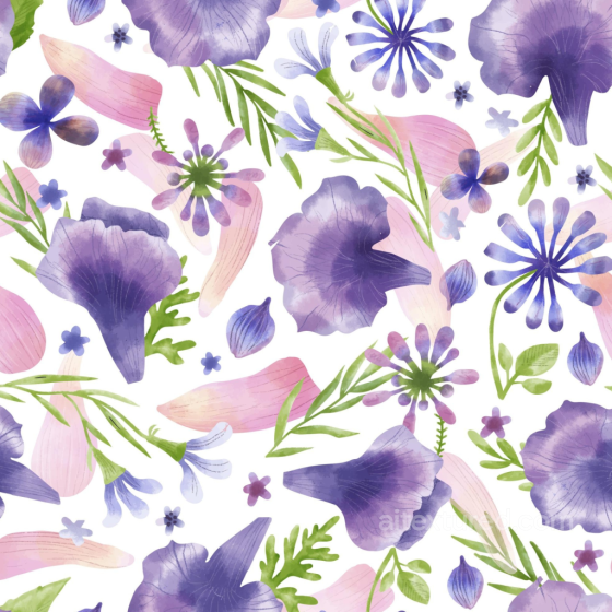Purple Flower Watercolor Pattern Seamless Texture with Leaves Purple Flower texture preview