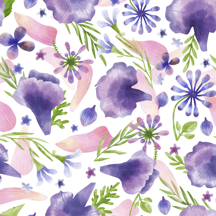 Purple Flower Watercolor Pattern with Leaves seamless PBR texture preview