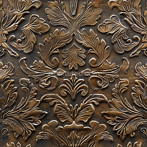 Seamless 3D embossed vintage brown leather PBR texture with intricate floral pattern