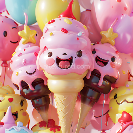 Seamless 3D Inflated PBR Texture Featuring Pink Vinyl Ice Cream Balloons with Colorful Sprinkles