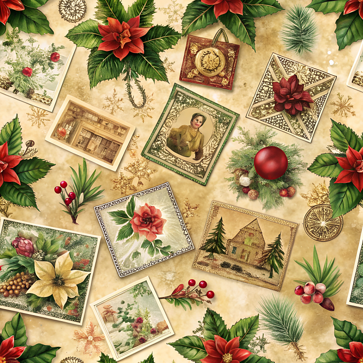 featuring Vintage Christmas Digital Paper with Poinsettias and Holiday… seamless PBR texture preview